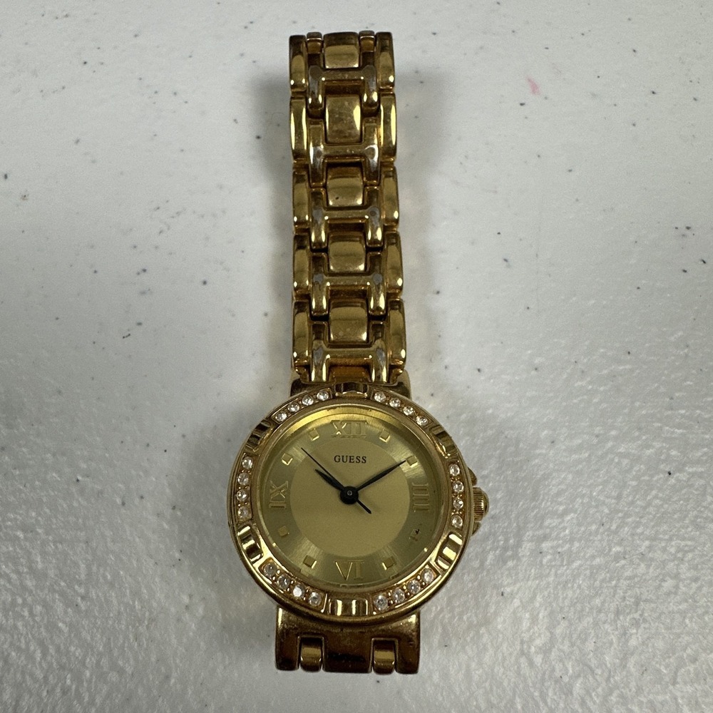 Guess G75478L Womens Watch Gold Dial Gold Tone Bracelet Crystal Bezel Quartz